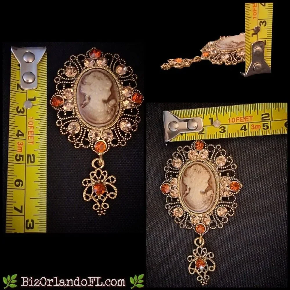 Modern Victorian Revival Cameo Brooch Gold Tone Amber Rhinestone Dangle Pin